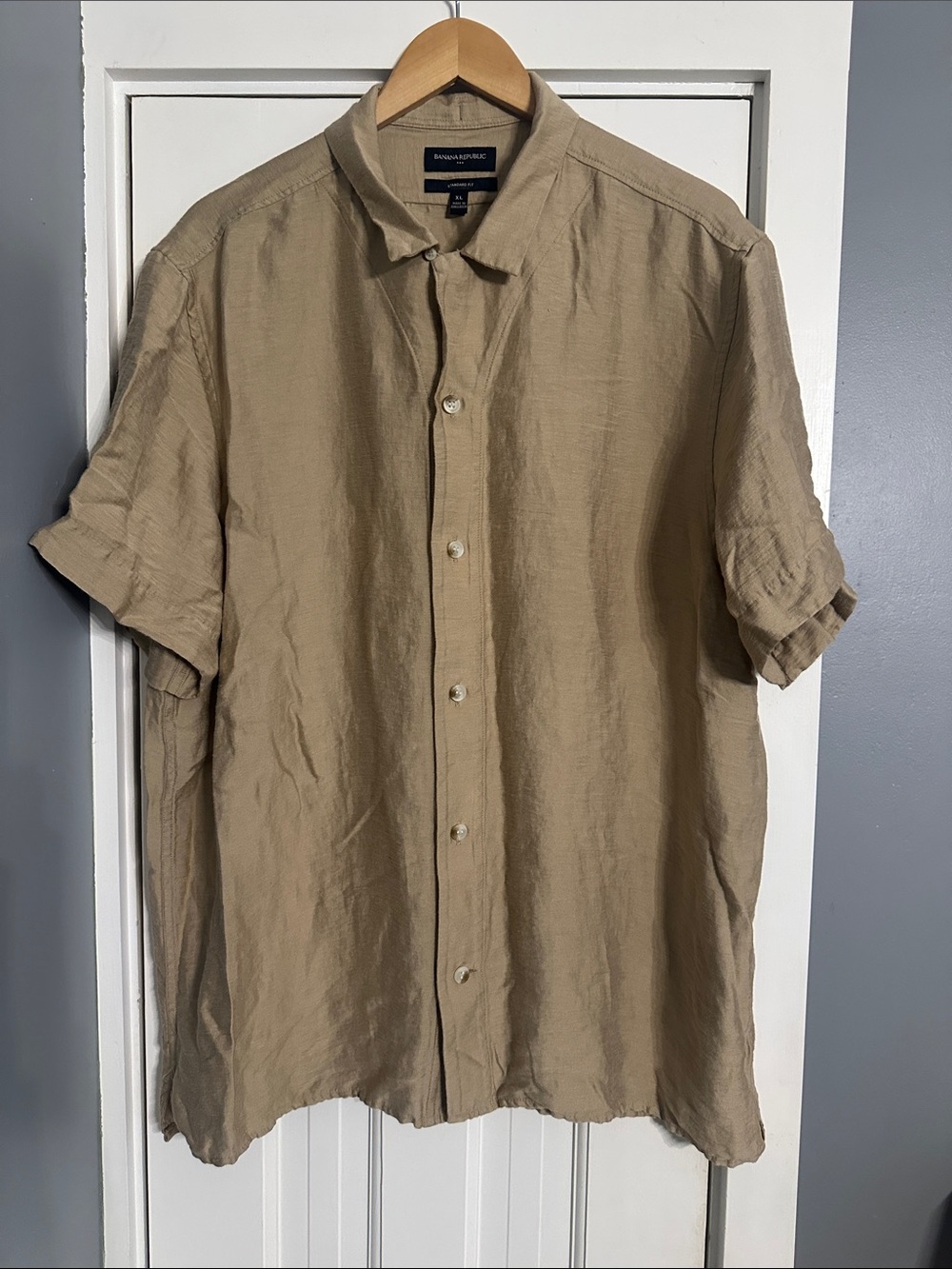 Banana Republic Factory Satin Camp Shirt Linen Blend XL Tan SP24